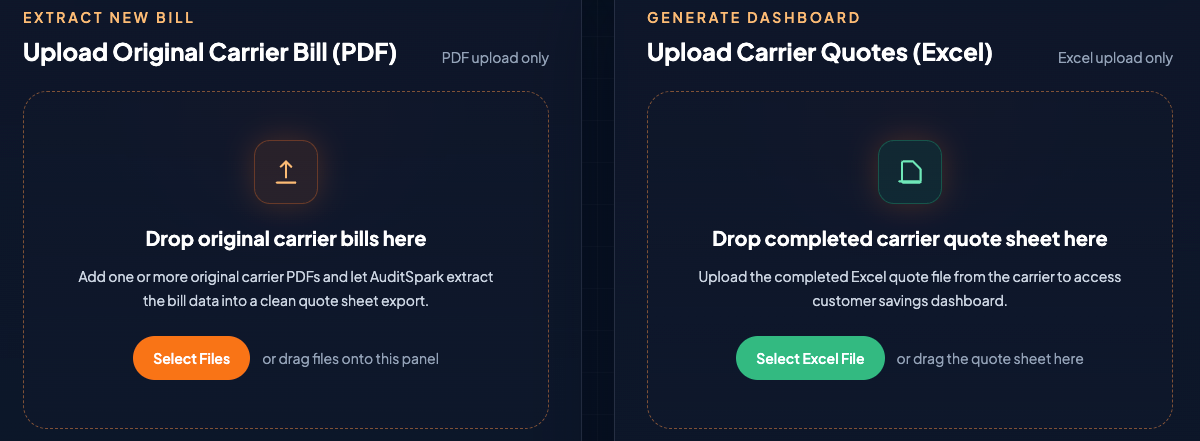 AuditSpark workspace showing extract new bill and generate dashboard panels